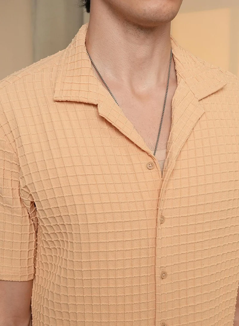 CAHOOT  Men's Canvas Beige Waffle-Textured Co-Ord Set For Casual Wear | Cuban Collar | Short Sleeve | Button Closure | Co-Ords Crafted With Comfort Fit For Everyday Wear for Men | Best Price UAE